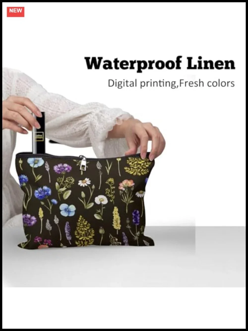 Large Floral Linen Cosmetic Bag Travel Toiletry Organizer with Zipper